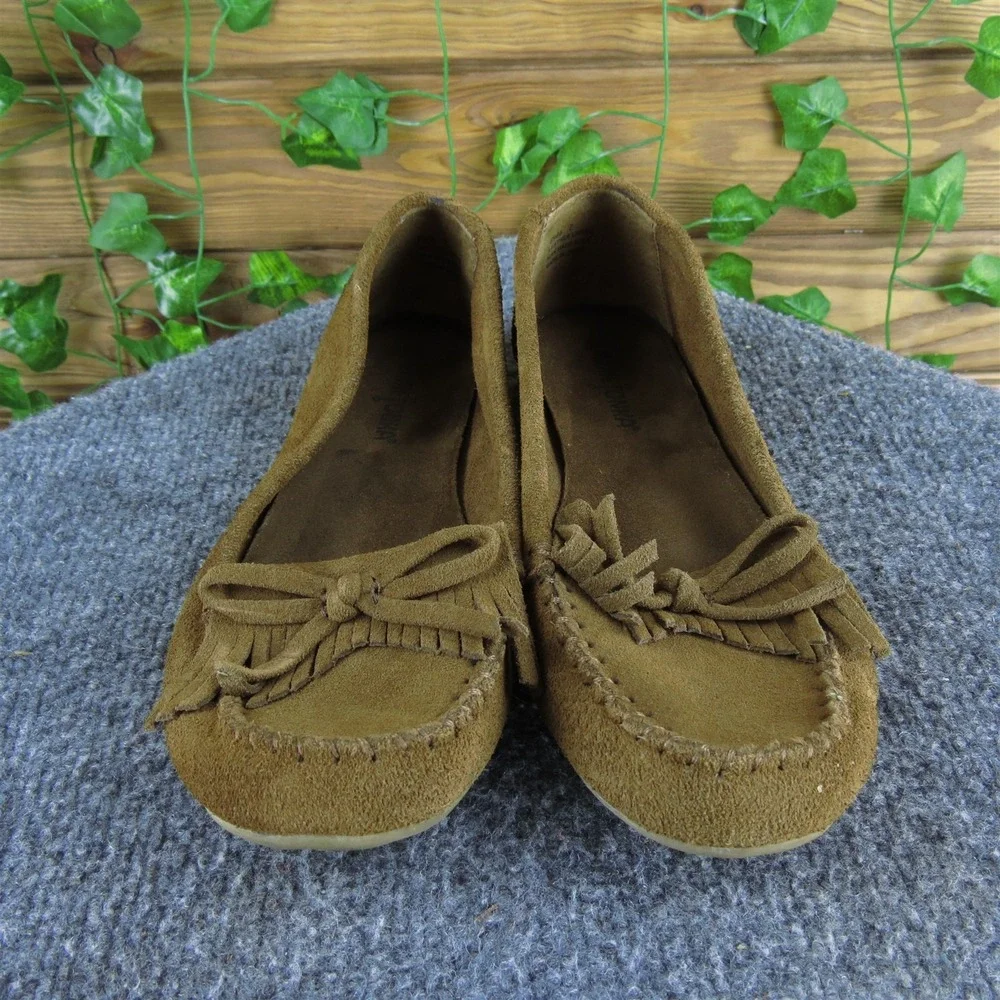 Minnetonka‎ Moccasin Girl Y 7 Medium Flat Brown Leather Slip On
